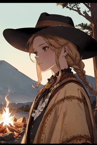 (masterpiece, top quality, best quality, official art, beautiful and aesthetic:1. 2), (1girl:1. 3, adult, mature, aged up), long hair, braid sidelocks, extremely detailed, portrait, looking down, solo, upper body, detailed face, (victorian theme:1. 1), 19th century wild west, bandit, wild west hat, poncho, bolo tie, wild west era campfire in background, sunshine, high noon, cinematic atmosphere,