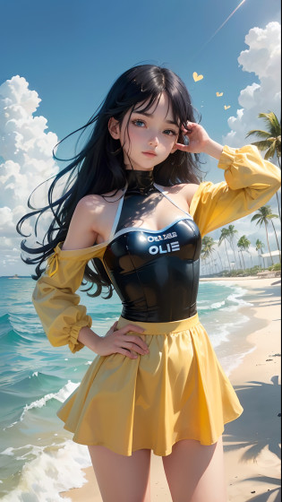 art by Cornflower, dreamy, (A beautiful, teenaged, anime-style girl with blue eyes and long, black hair, wearing a pale yellow, shiny, long-sleeved, open-chest, long skirt swimming suit with a pink, white, and yellow, heart on it is posing with her hands on her hips, in front of a beach and a bright, blue sky with clouds in it, there are palm trees in the background on both sides of the picture, and there are lots of blue and yellow fish swimming in the ocean, and there is a police helicopter with lights on it flying over the girl)