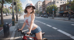 (masutepiece) , ((Best Quality)), (( 8K Wallpaper)), ((Ultra High Resolution)), Good composition, (Ultra-detailed), Illustration, Beautiful Art, artistic, Realistic, Beautiful, good art, Scenery, Cinematic, Detailed skin, (Oily skin), Glossy skin, Fine skin, (Beautiful hair), (Beautiful eyes), (Perfect Anatomy), (Correct limb), (Realistic), Hand with 5 delicate fingers, Cute Girl, Young woman posing with bicycle at crosswalk or sidewalk, bicycle, 1girl in, ground vehicle, Solo, hat, day, Outdoors, skyporn, Brown hair, cloud, Short hair, Shorts, Baseball Cap, Ass