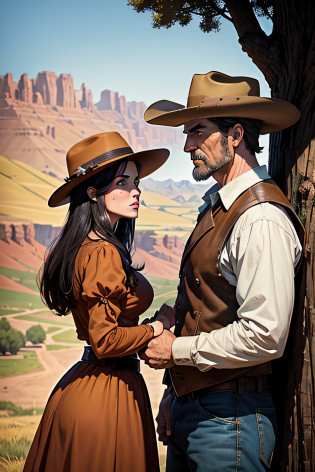 there is a man and woman standing under a tree in the country, western comic book style, western comic art, western comic book art, inspired western comic, western comic style, ( art fitzpatrick ), full color illustration, western comic, inspired by Mort Artists, in the old west, by David B. Mattingly, overlooking a valley, western background