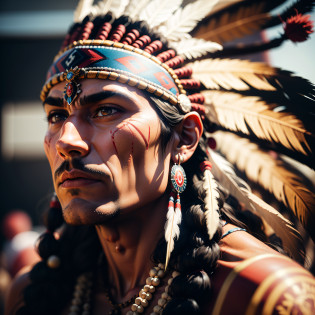Arafed man with a feather headdress, Indian warrior, skilled Apache warrior, powerful warrior, thoughtful 4k expression, Native American warrior, Indian man. Hyper detailed, Aztec warrior, thoughtful expression, a Native American warrior, spiritual warrior, tribal face paintings, an Aztec warrior, ultra realistic, 8k, 20mp, fujji film, perfect details, few noises, ultra realistic, cinematic lighting --auto