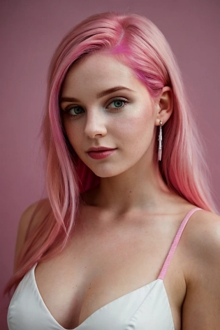Portrait of a pretty young woman with magenta-lite pink hair, film grain, high quality, studio shoot, Nikon D850
