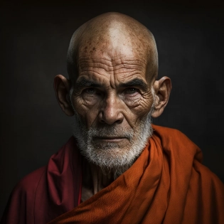 portrait photo of a 58 year old monk, looking away, cinematic, 50mm portrait photography, hard edge lighting photography, 50mm portrait photography, orange robes, essay, portrait photo of a 58 year old man, rupert spira, maharshi , joan tollifson, serious eyes, portrait, photo, photography --s 625 --q 2 --q 2