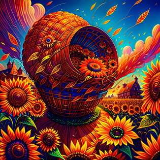 wide angle graffiti of a peasant woman holding a basket from which (thousands of sunflowers) flying and falling from the sky, (swirl of sunflowers) emerging from a peasant woman's basket, grotesque, ful body shot, cinematic lighting, high resolution, insane details, intricate details, hyperdetailed intricately detailed ultra realistic art trending on Artstation triadic colors Unreal Engine 5 detailed matte painting, deep color, fantastical, intricate detail, splash screen, complementary colors, fantasy concept art, 8k resolution, ultra realistic deviantart masterpiece, (dark shot:0.9), soft cinematic light, adobe lightroom, photolab, hdr, intricate, highly detailed, eonn2, mdjrny-grfft, dmmid style