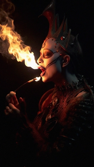 A goth macabre grotesque female spitting fire on a dark circus show, horror, dark, intricate design and details, dramatic lighting, photorealistic, cinematic, cinematic noise, 8k --ar 9:16 --v 5