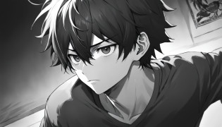 Imagem de anime de um homem com um cabelo preto e uma camisa cinza, anime semi realista, sombreamento de anime), black and white manga style, Semi - anime realista, Anime detalhado soft face, black and white manga, black and white manga page, homem bonito anime, sombreamento de anime, estilo anime semi-realista, black and white manga comic, kentaro miura manga style