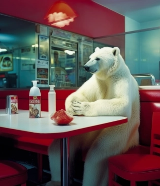 a lonely and depressed polar bear wearing a baseball cap eating a hamburger and fries beside the window in a deserted cafe diner in New York photographed by Miles Aldridge.