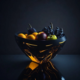 A fruit bowl, a futuristic approach, displayed on a sleek metallic surface with neon lights reflecting on the surface, a high-tech atmosphere