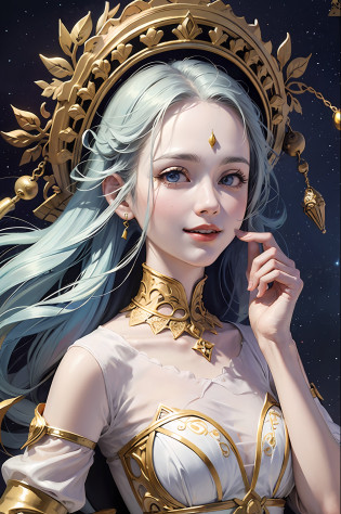 (?masterpiece?beste-Qualit?beste-Qualit?Official Art?Beautifully Aesthetic:1.2)?(1girl)?Extreme Details?colourfull?highestdetailed?Official Art?Unity 8k???An ultra-detailliert?Beautifully Aesthetic?Beautiful fece??masterpiece?beste-Qualit?(Zentangle?a Mandala?Tangles?entanglement)?Holy Light?gold foil?Gold leaf art?glitter drawing?PerfectNwsjMajmagic,Smile blue short hair blue eyes white dress forehead glitter