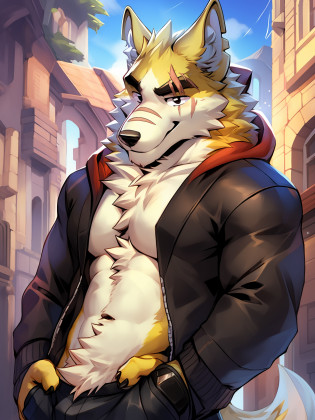 4masterpiece, best quality, nj5furry,furry male, 1boy, furry, male focus, solo,animal ears, formal, wolf ears,wolf boy, smile ,
white fur, yellow fur, brown fur, two-tone fur,black eyes, black shirt, red hood, black hoodie,  thick eyebrows, tail, scar on eye,yellow ears, 
by null-ghost