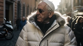 medium-full shot of pope francis wearing puffer jacket, walking on the street, natural afternoon light, shot on Agfa Vista 200, side-angle view, 4k --ar 16:9 --stylize 1000 --v 5