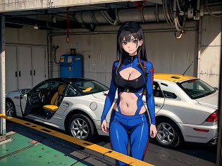 1girll,Solo,Zero, Slender, big breasts beautiful, Young, Little woman, Coveralls,a repairman,tightsuit, navel,cleavage,Large breasts,The Car,Garage,Garage