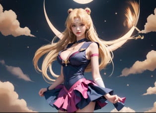 sailor moon is a sailor girl with long blonde hair and a pink skirt, sailor moon!!!!!!!!, sailor moon aesthetic, sailor moon style, inspired by Sailor Moon, the sailor moon. beautiful, by Sailor Moon, also known as artemis the selene, also known as artemis or selene, an retro anime image, goddess of the moon, inspired by Naoko Takeuchi, big boobs, gigantic boobs, busty, cleavage, show cleavage, skimpy dress, skimpy sailor dress, UHD