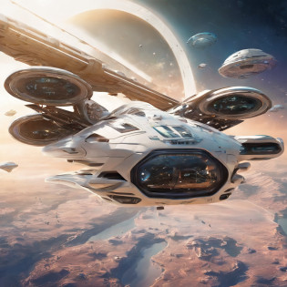 vista de longe ((Apenas uma, unique)) uma nave espacial, Helicopter style without aeres, de lucho, futurista, ((500 metros de comprimento)) ((5 metros, LARGURA)) ((uma aza na direita, uma aza na esquerda))blindagem, futurista, ouro, Branco, metal, Plano. Guerra Futurista, Flying through space ((sem corte)) (8k realista)