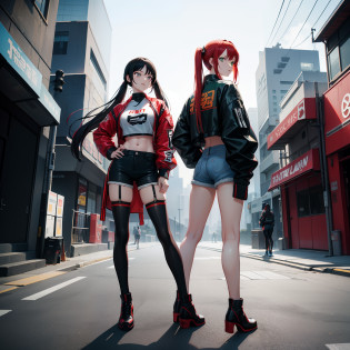 Full body shot, female asian Irina Shidou red hair twintails green eyes, standing next to a Nissan GT-R in a cyberpunk city, wearing a bomber jacket and crop top and denim shorts, standing next to a Nissan GT-R, side shot, back shot, shot from backside, behind shot, masterpiece, highly detailed
