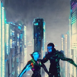 two cyborgs drawing in an apartment overlooking a cyberpunk city, standing hair line Sheen Holographic Futuristic sci-fi fashion cyberpunk, (neotokyo), synthwave, (aesthetics), futuristic, bladerunner movie scene by ismail inceoglu dragan bibin hans thoma greg rutkowski Alexandros Pyromallis Nekro Rene Margitte illustrated Perfect face, fine details, realistic shaded, fine-face, pretty face sharp chine
