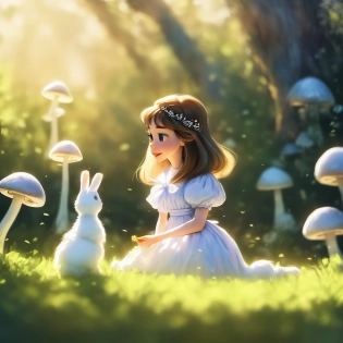 (portrait of Alice In Wonderland), ((young girl playing with a white bunny)), cute heartwarming friendship, blue eyes, (long floating hair), ((magical mushroom forest environment)), sunlight, dreamy atmosphere, (fantasy), intricate, highly detailed, sharp focus, low angle view, (centered image composition), professionally color graded, masterpiece, trending on artstation, hdr 4k, 8k, ((samdoesarts))