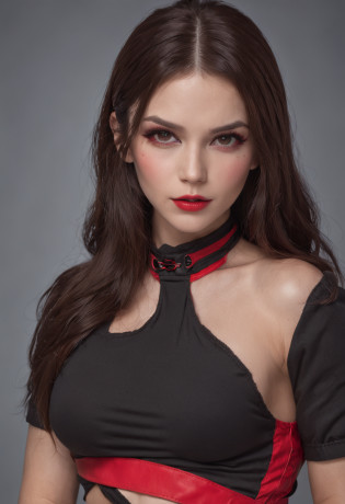 Sexy beauty superheroine . Dark brown hair Brown eyes wearing a black mid-abdominal blouse?There is a red stripe in the middle?There is an opening in the chest . Wear black shorts?The middle is red, Plus fishnet socks. Wearing black boots with a pink silhouette, She holds a pair of electric Escrima Sticks for portrait photography by Artgerm, in the style of Realism, glistning skin, , Natural lighting, Define full lips. Muscle Fitness Female Body