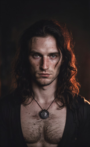 (close-up, editorial photograph of a 30 year old man), (highly detailed face:1.4) (smile:0.7) (background inside dark, moody, private study:1.3) POV, by lee jeffries, nikon d850, film stock photograph ,4 kodak portra 400 ,camera f1.6 lens ,rich colors, hyper realistic ,lifelike texture, dramatic lighting , cinestill 800, wavy hair, messy hair, black hair, black eyes, freckles, pale skin, evil smirk, witchcraft, first vampire, cain, astral plane, Red full moon, european expression, european man, european skin, darkness, darkside, mark of cain, athletic body