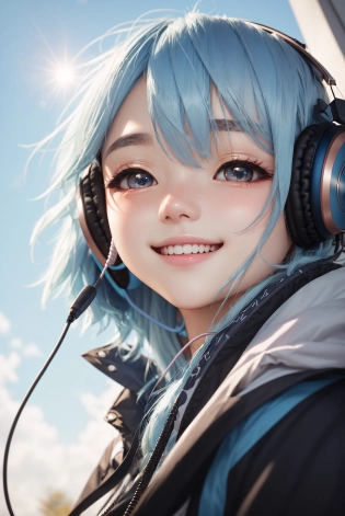high res, headphone, anime looking, girl, kamisato ayaka, long blue pastel hair, blinking, smiling , big and round eyes, 16k, UHD, HDR, (Masterpiece:1. 5), Absurdres, (best quality:1. 5)Model: Lyriel v1. 5