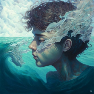 boy merging into the sea, inspired by John William Waterhouse, Alphons Maria Mucha, James Jean, Peter Mohrbacher, Rutkowski, studio ghibli, Dreamlike painting, Ethereal, fluid acrylic, incredibly detailed, --q 2 --v 4 --v 3