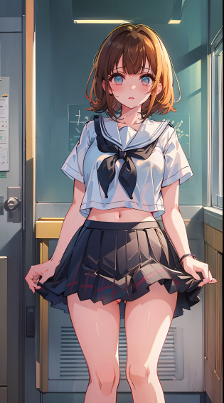 Full Body, Full Body Illustration, Best Illustration, ((Best Quality)), ((Masterpiece)), (Details: 1.4), Anatomical, Award-winning concept art, beautiful, fine detail, portraits, Look at the viewer, ((Show Full Body)), 1 girl, Full body, Solo, 10 years old, Golden and brown hair, Short hair, Blue and pink eyes, Big eyes, Undergarment, Panties, Skirt, White panties, Wet, Shirt, Wet clothes, Skirt lift, Blush, Classroom, Navel, Clothes lift,Simple background, Lift yourself, White shirt, Uniform, Look away, Short sleeves, Unevenness, Lolita figure, Skinny type, Last scene direction of school movie
