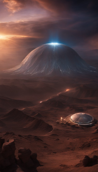 Alien base (Very detailed) In the mountainous desert?There are several exhaust fans and chimneys, Some spotlights come out of the base to illuminate dark places, (Extreme nights), Some clouds in the night sky, Some of the surrounding planets provide air to unknown planets?The farthest giant volcano is erupting