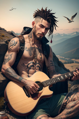 A funky tattooed man sitting on a mountain top and having whiskey, whiskey bottles, guiter , birds,
