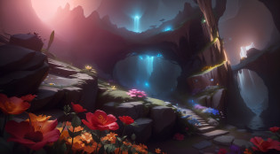 There is a cave with flowers growing out of it, Unreal Engine Arte de fantasia, Atmosfera floral, bela cena da caverna da fantasia, Magic Cave, motor irrealpintura digital | | |, magical ambiance, plantas dentro da caverna, Unreal Engine 5 Arte Digital, Unreal motor 4k papel de parede, 8k resolution digital painting, 8k resolution digital painting, Summer Unreal Engine 5, ? CGSetna��o, muitas flores amarelas.