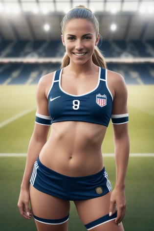 female dressed as soccer player, soccer ball, smiling, lingerie, football pitch in background, (((full body visible))), looking at viewer, portrait, photography, detailed skin, realistic, photo-realistic, 8k, highly detailed, full length frame, High detail RAW color art, piercing, diffused soft lighting, shallow depth of field, sharp focus, hyperrealism, cinematic lighting