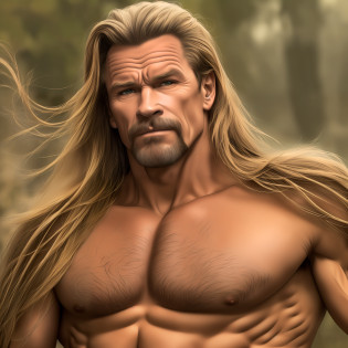 fotografia, fantasia medieval, selvagem, fotografia de corpo inteiro,  Epic adventure, estrada, trilha, Fotorealista, (extremamente detalhado CG unidade 8k wallpaper), um homem jovem, (it looks like this:: parece Arnold Schwarzenegger, tem cabelo ruivo longo, alto, testa baixa e fronte larga, olhos azuis taciturnos, sobrancelhas densas detalhadas, manly face, triangular, atraente;, Nariz aquilino, Queijo suavemente alongado, queixo largo, menacing thin lips, very serious, fisionomia pensativa, very muscular and advanced physique, sem camisa, solid rib cage,  leather trousers) The barbarian wanders wandering through a wilderness. (obra-prima; 1:1), Alto contraste, Ultra realista, coragem 10%, atrevimento 3%, Especialista 2%, atento 30%, sobrevivente 45%, rude 10%, HD 8K