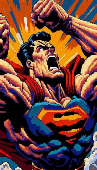 Dramatic close-up, Superman flying, fist first, heroic, powerful, Masterpiece, gigantic scale, 8bit art --no mockup, signature, watermark, username, low resolution, worst quality, low quality, jpeg artefacts, blurry, cropped, badly framed --ar 9:16 --c 10 --s 100 --v 4