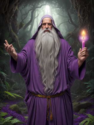 Monge arafed em um manto roxo segurando um copo de suco de laranja, como um Mago, em vestes roxas escuras, vestindo vestes pretas e roxas, Retrato de um mago da floresta, vestindo manto escuro, casting a spell on a potion, feiticeiro malvado, tarot card the hermit, saggy purple robes, an arcane wizard casting a spell, manto escuro,mago com barba, imagem realista,mago na floresta roxa,forest with purple vegetation