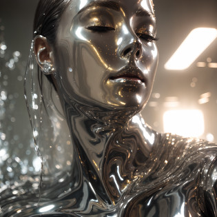 Bust of a woman , Painted silver, painted gel polish with a silver effect Glitter, Very beautiful woman with shiny silver paint on her face , Hair, Neck and shoulders, Metallic shiny leather, Intricate, shiny metallic glossy leather, The face is completely covered ((a thick layer of translucent shiny varnish!!!))), The structure of dense polyethylene film, gel polish with a silvery effect Glitter, Portrait of a beautiful woman up to her shoulders, s face(((Completely!!!))) Covered with a film of transparent silver varnish, Vacuum packaging, The face is doused with liquid translucent silver plastic wrap,Dark hair is gathered in a bun at the back of the head, Half-turn face, Eyes closed, Photos in brown and silver tones, glare on the wall,((Her face, hairstyle , Neck and shoulders get wet, Infused with a smooth, silvery, shiny gel )), A thick layer of shiny transparent gel polish with a silvery sheen effect)) on face, Neck and shoulders, sparkly skin, head and hair, Brilliant mannequin, molten paint dripping from the sculpture, sculpture, Mannequin,( Hair is doused with varnish), Complex, The face is covered with translucent varnish with silver paint, Liquid silver translucent varnish, Stainless steel gloss, Silver shiny transparent varnish with diamond dust with melting effect , amazing octane render, Ultra-detailed octane rendering