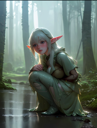 Pretty busty elf in a forest wearing only a torn outfit, scared look, mix4,(8k, RAW photo, best quality, masterpiece:1.2), (realistic, photorealistic:1.37),1girl,cute,landscape urban, night, rain, wet, professional lighting, photon mapping, radiosity, physically based rendering