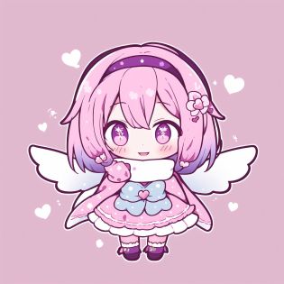 1girl,masterpiece,chibi, commentary request, gaff, gradient hairband, heart, komeiji satoriouheiha happy halloween, looking at viewer another, multicolored clothes, purple eyes, scarf, short hair, smile focus, solo, sparkle earrings, touhou, translatedimono yukikimi miyabiusu ga meikyuu vocaloid, wings visible through fingers, yellow background, zakurozaki-san wa mob ni tenshi ga nai wo omoitantei kekei, zipperippers, pink skirt, ribbon trim andere yuki popura, simple background byeoon izuku, skirt, socks, symbol-only commentary