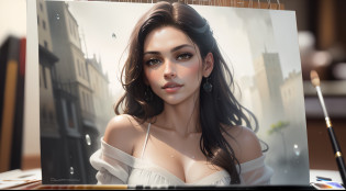 Eva Mendes, A watercolor of the model's face, raindrops as foreground, a wet look, sexy smile, white dress, long hair, fickle face, perfect anatomy, wet to wet background technique by Misilbu. hyper 8K detailed painting, resolution 8k portrait concept art by Greg Rutkowski Artgerm WLOP Alphonse Beeple Caravaggio, muted colors, watercolor style, bokeh, f1.0 lens