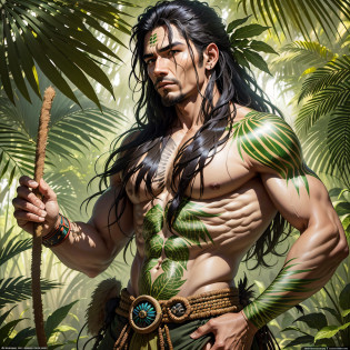 Jenny Saville's striking style reveals an indigenous hunter in the lush Amazon rainforest. His imposing presence and deep connection to the environment are evident.

The hunter is a grown man, with athletic physique and robust stature, underscoring his strength and endurance. Her skin radiates a golden glow, bathed in the sun's rays filtered through the dense foliage. Body paint marks adorn his body, with symbolic drawings made with jenipapo and annatto, telling stories of his culture and spirituality.

Their long, black hair is tangled wildly, entwined with exotic feathers of Amazonian birds, symbolizing their connection to the natural world and the animal spirit within it. His eyes convey a deep intensity, reflecting ancestral wisdom and harmony with nature.

Dressed in a handmade tunic of natural fibers, the hunter camouflages himself in the lush jungle. A quiver filled with meticulously carved arrows hangs from his shoulder, testifying to his hunting and overcoming skills.

Moving deftly, the hunter displays a confident and respectful posture. Holding a sharp-tipped spear in his left hand, his right hand reaches out to touch the rough trunk of an ancestral tree, seeking strength and guidance from his ancestors.

The landscape around you is a symphony of deep, vibrant green, with majestic trees rising skyward. Sunlight penetrates the spaces between the foliage, creating a play of shadows and beams of light that dance on the moss-covered ground.

The depiction of the indigenous hunter in the Amazon rainforest, in Jenny Saville style, conveys reverence for his connection to the land, his role in subsistence, and his symbiotic relationship with nature. With expressive brushstrokes and intense colors, the image captures the vitality and intrinsic strength of this ancestral warrior, perpetuating his history and importance in the heart of the Amazon. --auto --s2