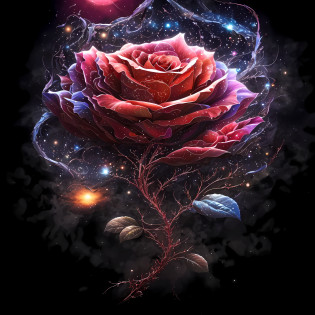 Close-up rose on a star background?Safflower celestial atmosphere?Exploded roses?Magical flowers?Flowers and vines are winding?Winding roses?Ultra HD art digital painting?Hugely growing roses?High detail of magical fantasy?Beautiful digital artwork?Very Beautiful Digital Art?HD artwork?Soft melancholy rose soft light?