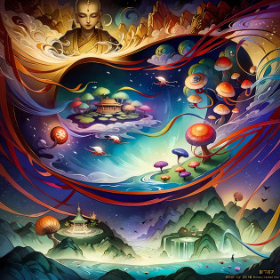 An ancient Chinese painting, ancient Chinese background, mountains, rivers, auspicious clouds, pavilions, sunshine,(psychedelic details),(mushrooms),(rainbow),(trippy),(DMT),(Buddha),intricate details, more details, high details,masterpieces, super detail, epic composition, ultra HD, high quality, extremely detailed, official art, unified 8k wallpaper, Super detail, 32k -- v 6