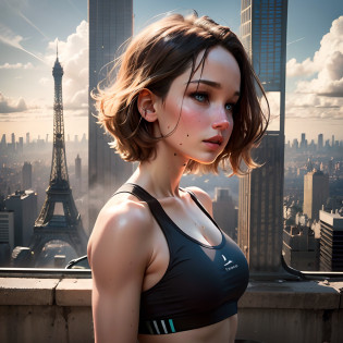 (jennifer lawrence),wearing sport bra ,  eiffel tower background , masterpiece ,(perfect detailed face) (perfect skin) (high detailed), short shorts, clouds, sun light, light from above,(mid of the movimented city, cars, traffic, ) (enlightened) --auto --s2