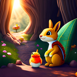Title: The Adventures of Sunny the Super Squirrel

Once upon a time, in a magical forest called Whimsy Woods, there lived a young squirrel named Sunny. He had big dreams and an even bigger heart. But there was something special about Sunny�he had superpowers! He could fly through the air and had the ability to talk to all the animals in the forest.

One sunny morning, as Sunny was flying from tree to tree, he noticed a distressed bunny named Benny. Benny had lost his favorite carrot in a deep, dark cave, and he was too scared to go inside to retrieve it.

Being the brave and helpful squirrel he was, Sunny immediately flew down to Benny and reassured him. 