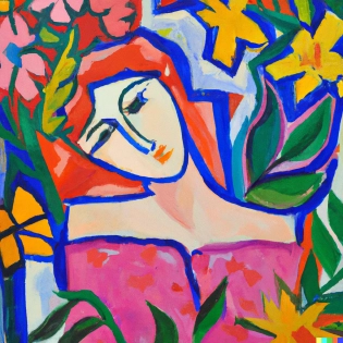 An oil painting of Matisse, a young woman surrounded by flowers
