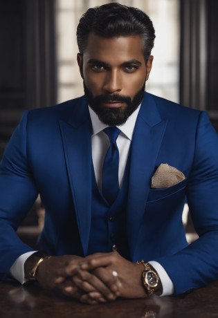 Certamente, refinar ainda mais o pedido para um retrato 8K ultrarrealista de um distinto cavalheiro de cabelos curtos e na casa dos 40 anos, com olhos negros penetrantes. He is impeccably dressed in a meticulously tailored royal blue suit, complementado por uma gravata perfeitamente combinando.