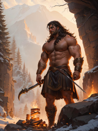 masterpiece, best quality, Arafed man with a sword standing in front of a fire, portrait of demigod hercules, Retrato pintado de Zeus acidentado, Hefesto, Pintura de Golias, barbarian celebrate his birthday, Retrato de Zeus acidentado, barbarous, male barbarian, barbarian class, Directed by: Johannes Helgeson, Epic fantasy art style, gigante do fogo, Retrato do deus grego Ares, 4k, 8k, hyperrealistic, detailed face, (((ultra-detailed))), ((Detailed eyes description))