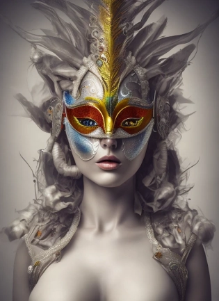 a high-resolution photograph of a fashion model, chiaroscuro, carnival mask, sci-fi, colorful, white plastic, smooth, oily, highly detailed, award-winning photo, modern concept, 8K,