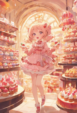 (A cute, Cartoonish dessert characters?Has minimal human characteristics): Sweet and lively face, Round and shiny eyes, Cute little mouth, Soft and soft body, extremely colorful?Vibrant appearance, adorable expression, The limbs are small and stout, Joy and joyful resonance, Naughty and mischievous personality, A little clumsy?But full of charm, A touch of magic and wonder, Surrounded by desserts and sugary treats, A whimsical dessert wonderland, Fill with sweets, chocolate bar, and pastries, Sugar-coated fantasy world, Land where calories don't count, A delicious adventure in dessert paradise, Bright colors and a joyous atmosphere, Sweet aroma, With marshmallow clouds and lollipop trees as background, A cheerful and seductive presence, A dessert companion?Bring a smile to everyone's face. (Best quality, High-res), A delightful blend of sweetness and cuteness, A masterpiece of confectionery art, Eye and heart care, Mesmerizing and coveted creations, Light up the dessert companion for any day.