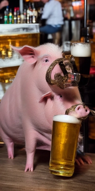 Pig drinking beer in a bar as photograph