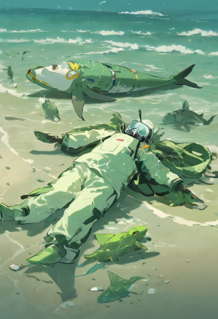 Polluted seawater,Dead fish floating in green water
Turtles lie dying on a beach full of garbage
Fishermen wearing protective masks protest by the sea
Scientists in protective suits take seawater samples to test for radioactivity
Dolphins and whales stranded on the beach struggle in pain
The feathers of seabirds fall off,Can't fly
The fish in the sea are swollen and deformed,Tumor overgrowth
Seaweed withers,Coral bleaching
Children wearing protective masks playing on contaminated beach
Mother in protective suit holding sick child crying
Abandoned nuclear power plants stand by the sea
Angry crowds held placards protesting the discharge of nuclear wastewater