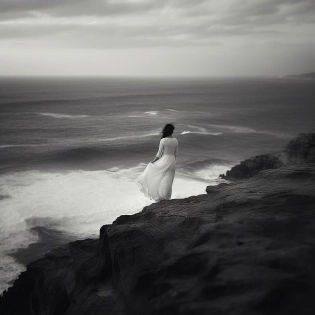 a woman wearing a white gown standing near the edge of a cliff, facing the restless ocean, big waves, black and white, scary and dark, photorealistic, detail rich, 16k, atmospheric, photograph, cinematic, shot on Hasselblad H4D 200MS Digital Camera, Mitakon Speedmaster 65mm f/1. 4 XCD, Fresnel lighting, --v 5